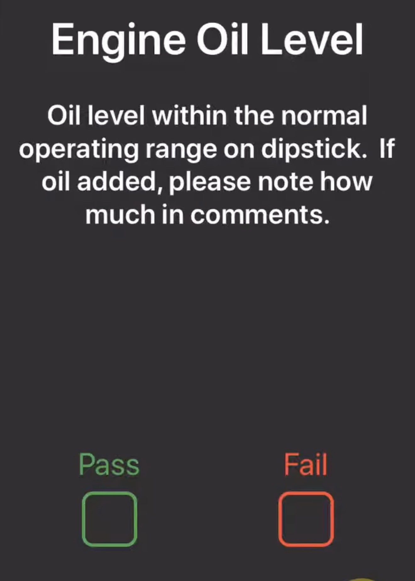 Stay Inspected mobile app tire inspection pass or fail screen