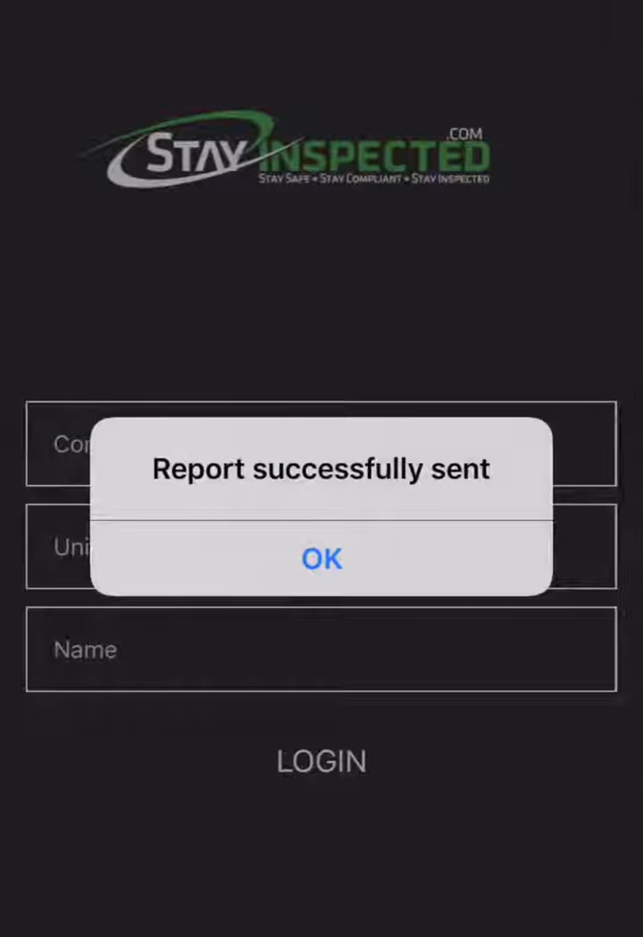 Stay Inspected mobile app report successfully sent confirmation